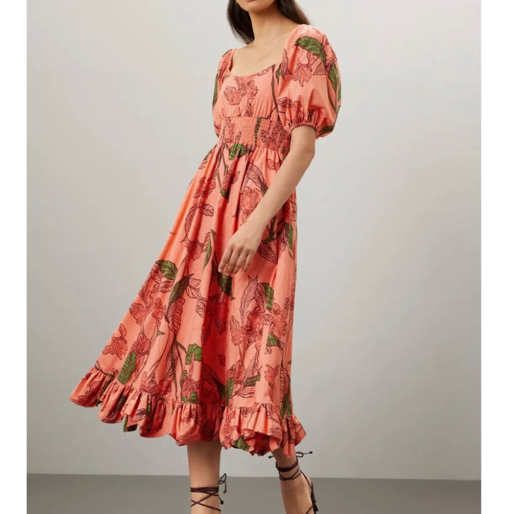 NWT - Hutch Lora Coral and Green Floral Puff Sleeve Cotton Midi Dress - SZ M